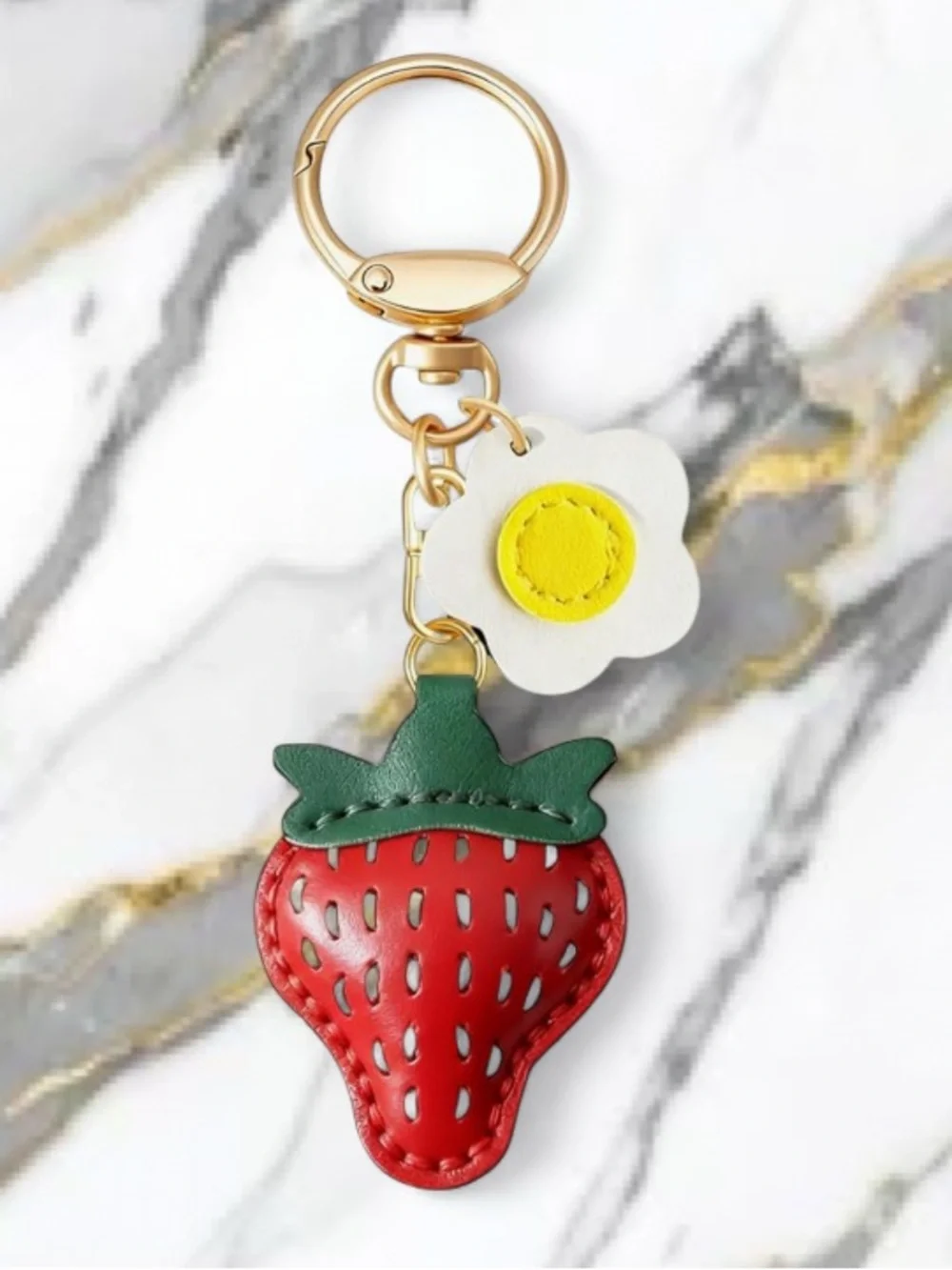 🆕🍓 Strawberry & Daisy Vegan Leather Keychain Charm NWT